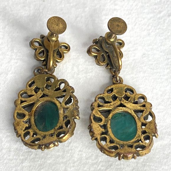 Ornate Dangle Drop Bronze Filagree Tiny Pearly Beads Central Green Stone - Picture 8 of 9